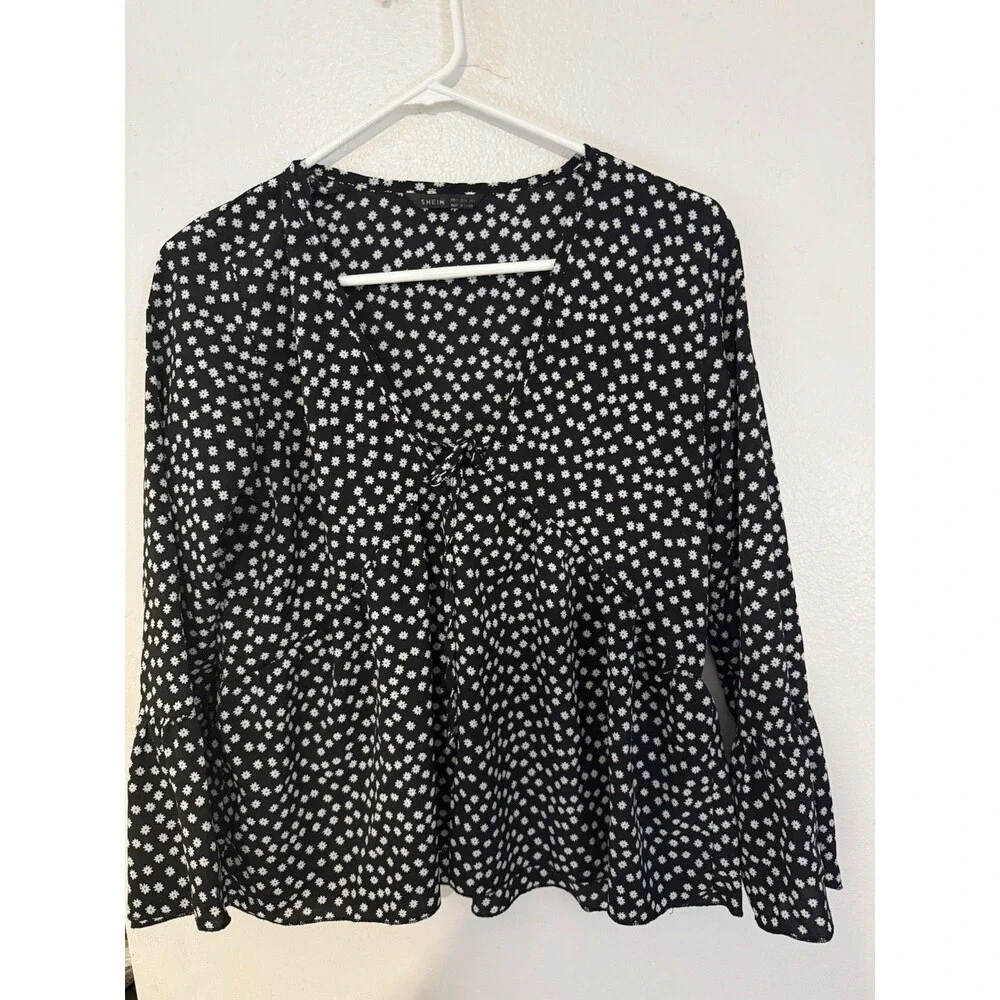 SHEIN Black White Daisy Floral Peplum Tie Front Blouse Long Sleeve Size M